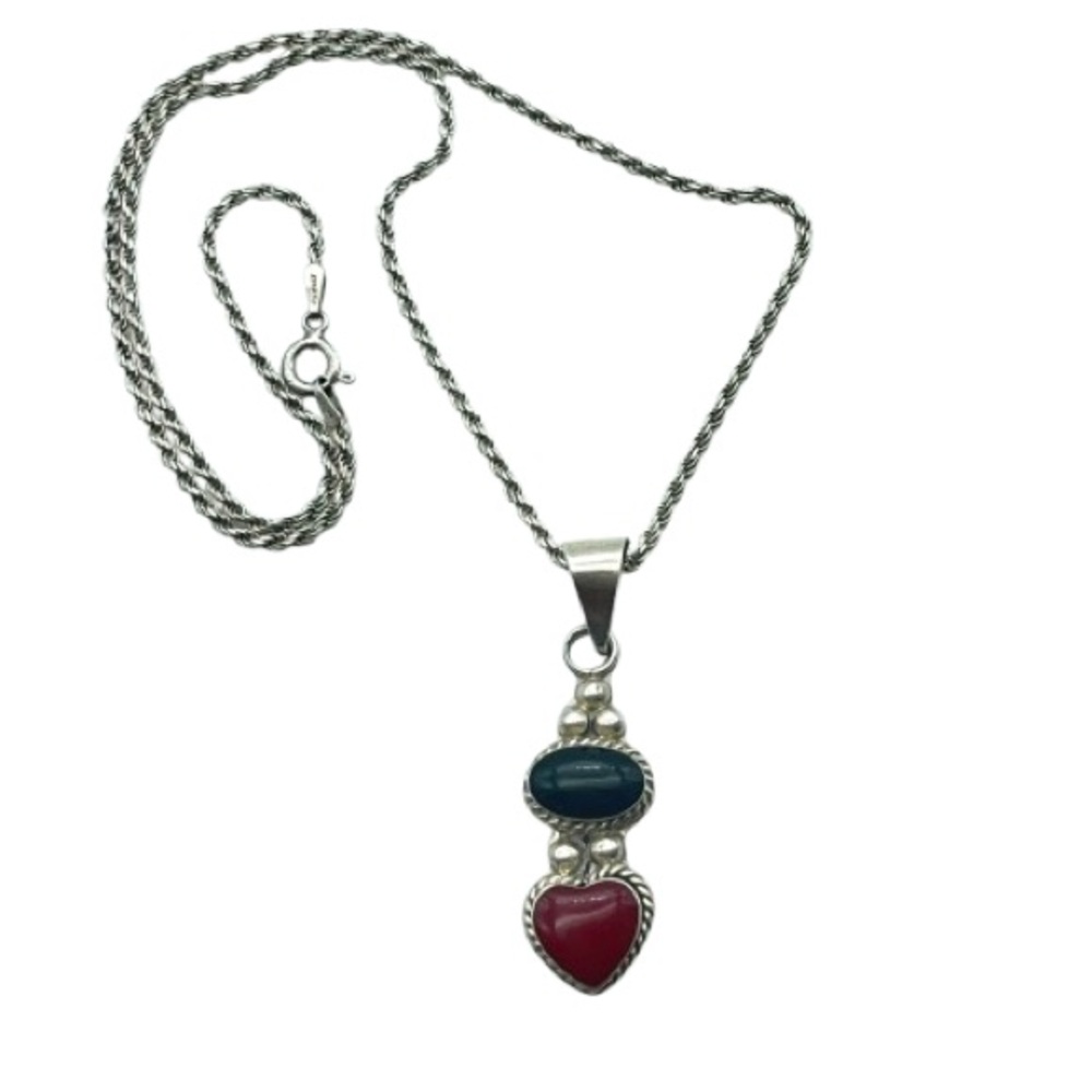 Sterling Silver Heart Pendant Necklace Red & Black Inlay Stone Rope Twist Chain - Picture 3 of 17